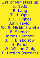 List of Ministers up to 1935 E. Lang T. H. Opie J. F. Hughes John Taylor W. S. Micklethwaite F. Spencer James Harrison J. T. Bilsborrow H. Parish W. Wilson Craig F. Heslop (current)